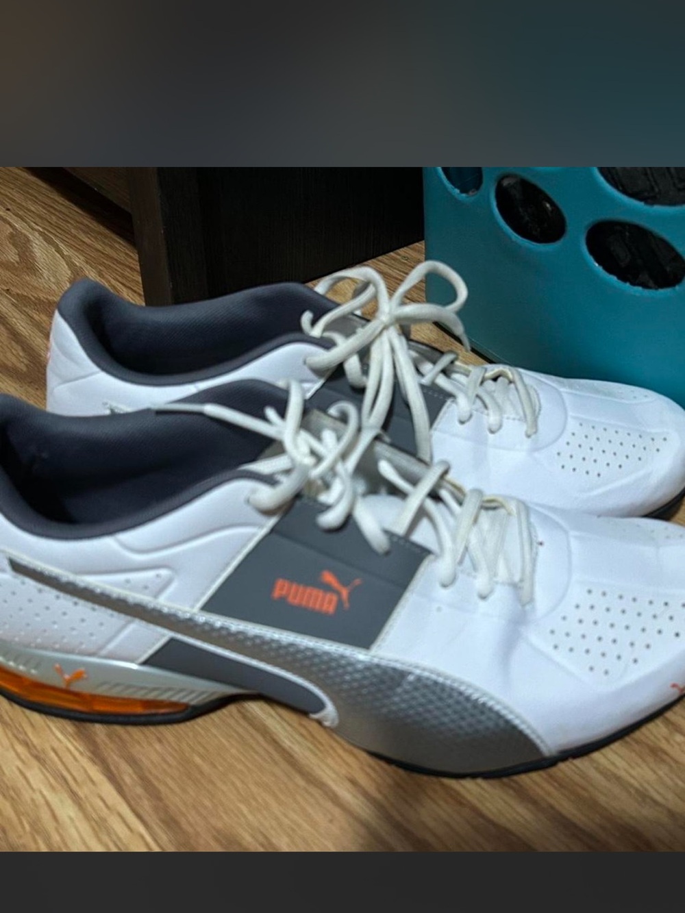 Puma White Athletic Sneakers with Gray Panels and Orange Logo